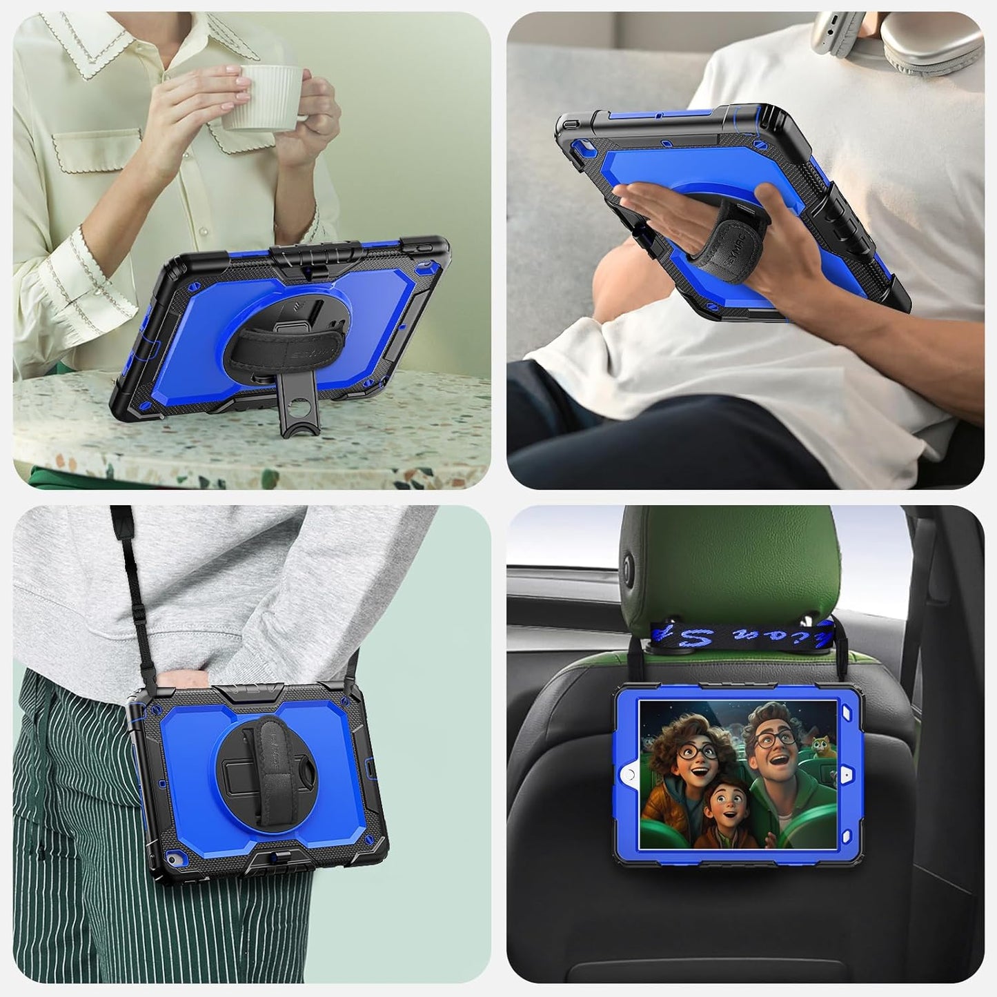for Ipad 9Th/8Th/7Th Generation Case 10.2" 2021-2019, Full-Body Shockproof Heavy Duty Protective Case with Screen Protector, Rotating Stand/Handle/Shoulder Strap for Ipad 10.2, Black/Blue
