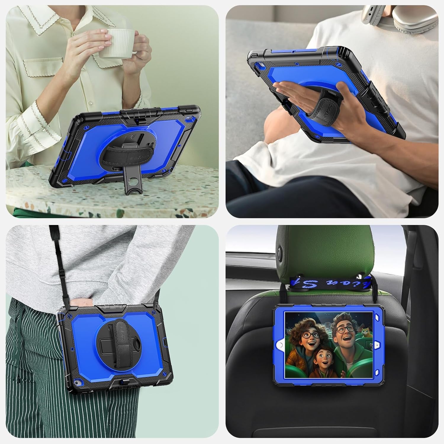 for Ipad 9Th/8Th/7Th Generation Case 10.2" 2021-2019, Full-Body Shockproof Heavy Duty Protective Case with Screen Protector, Rotating Stand/Handle/Shoulder Strap for Ipad 10.2, Black/Blue